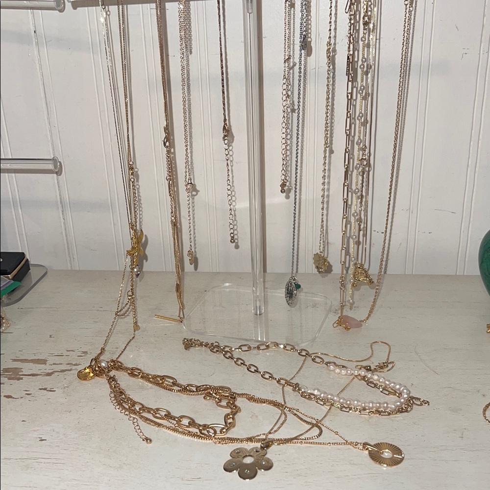 Lot Avon AV & more designer gold tone necklaces multi layered paper clip